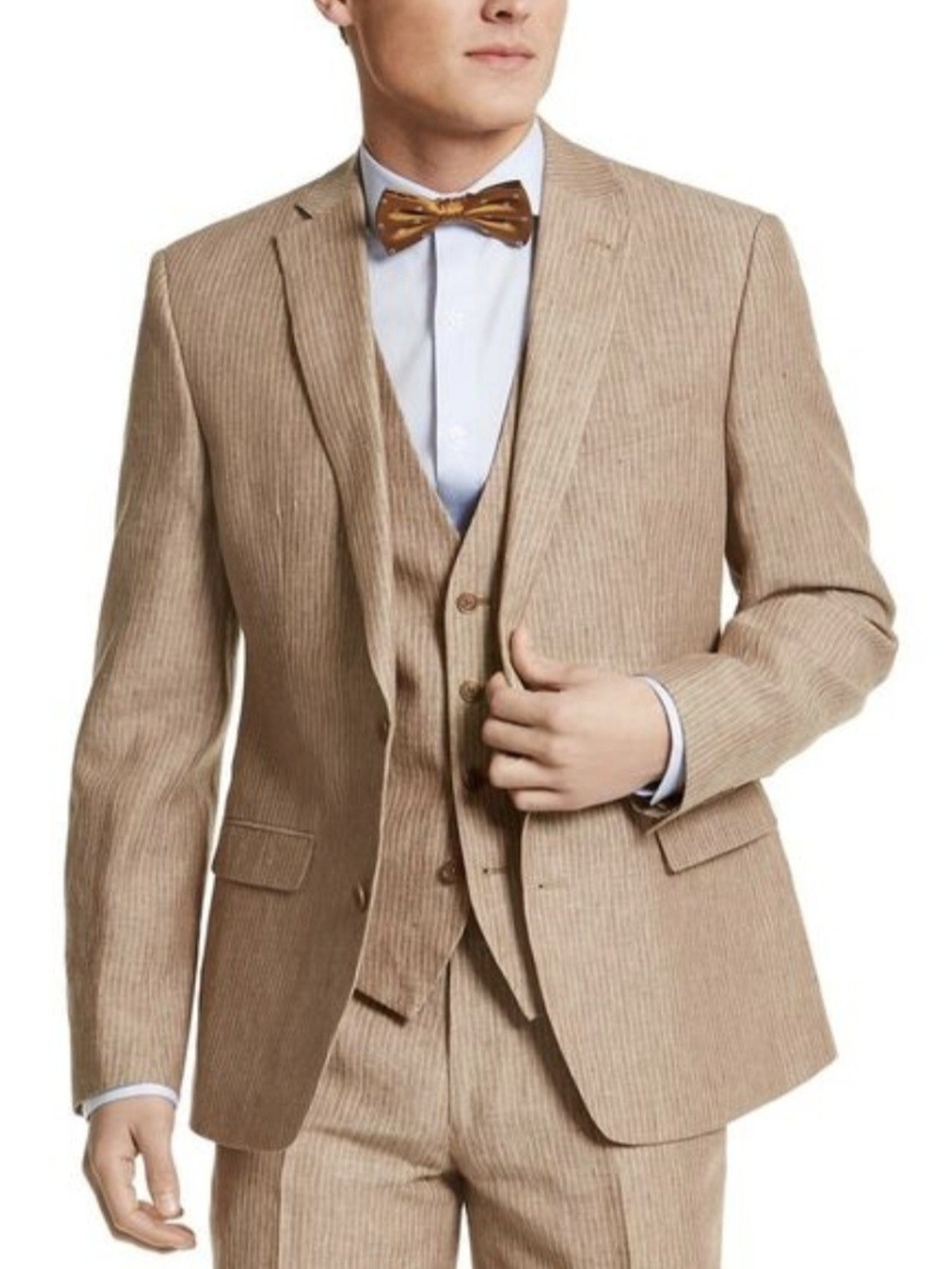 NWT Men's Bar III Tan Pinstripe Three-Piece Linen Slim Fit Suit